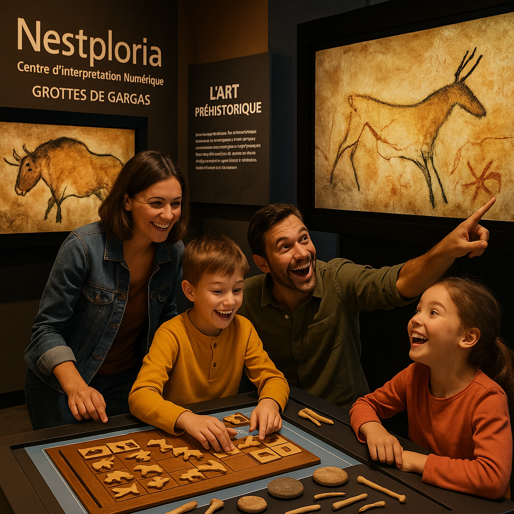 Groupe de famille au Centre d’Interprétation Numérique Nestploria, interagissant avec des expositions sur l'art préhistorique.