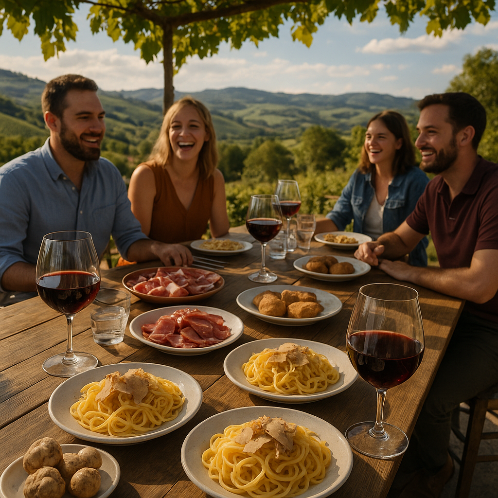 Scène d'une table dressée à Pietra d’Alba, mettant en avant des plats typiques et un cadre pittoresque en plein air.