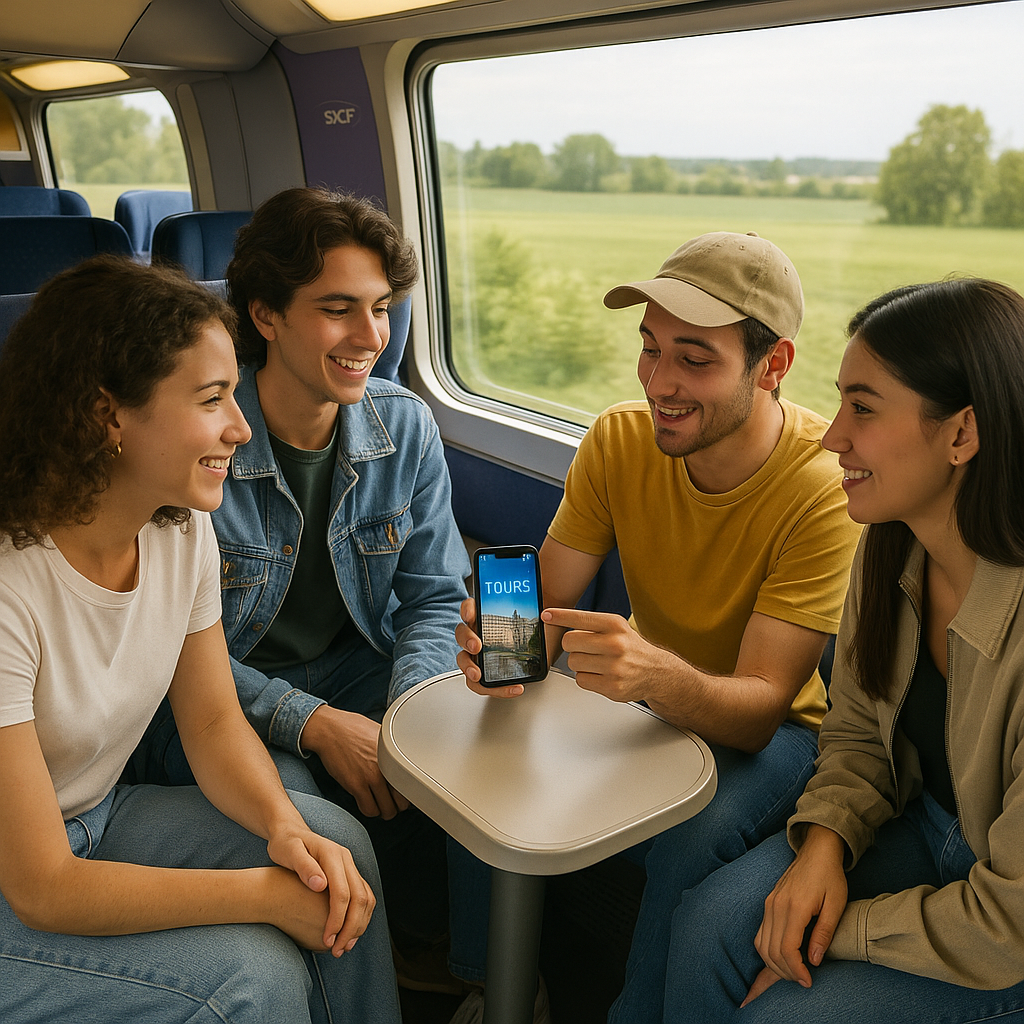 Groupe de jeunes adultes dans un train SNCF échangeant sur leur voyage à Tours.