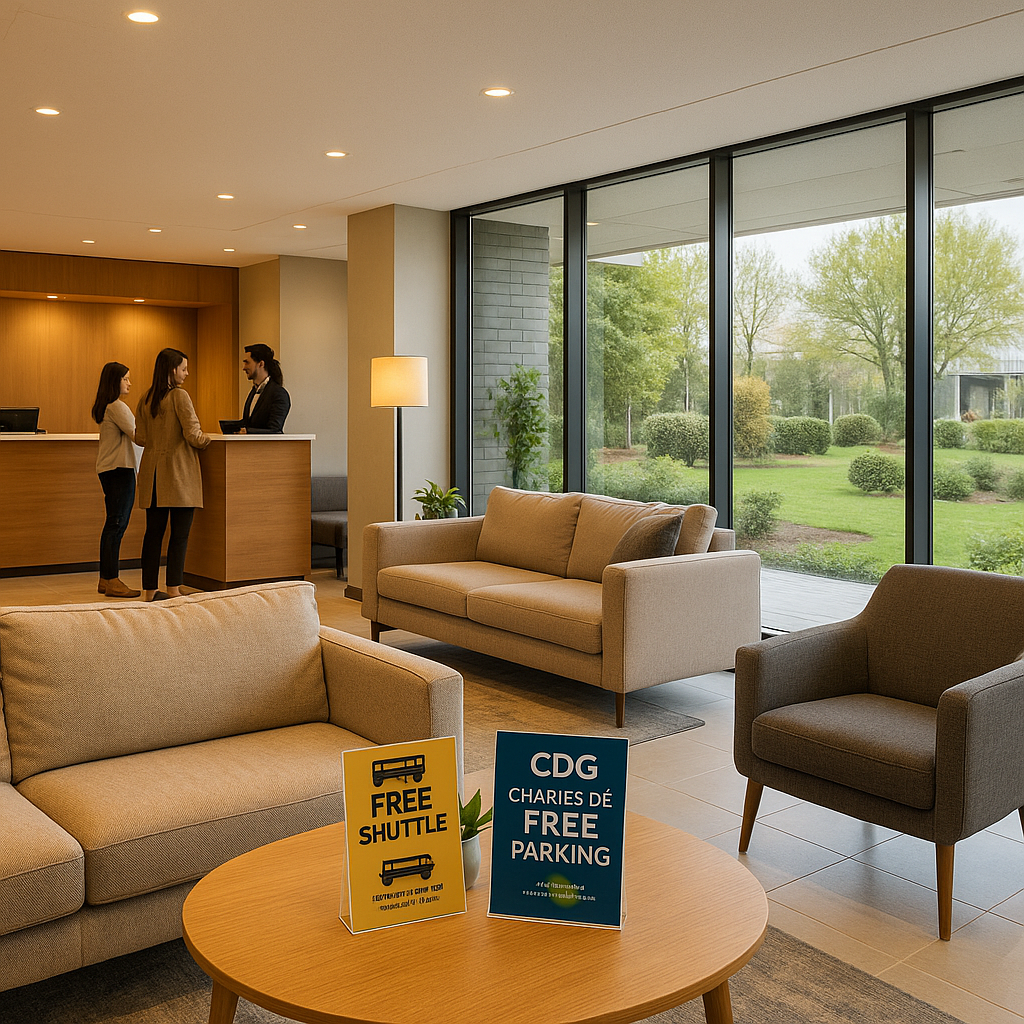 Hall d'hôtel moderne près de l'aéroport Charles de Gaulle avec ambiance accueillante.