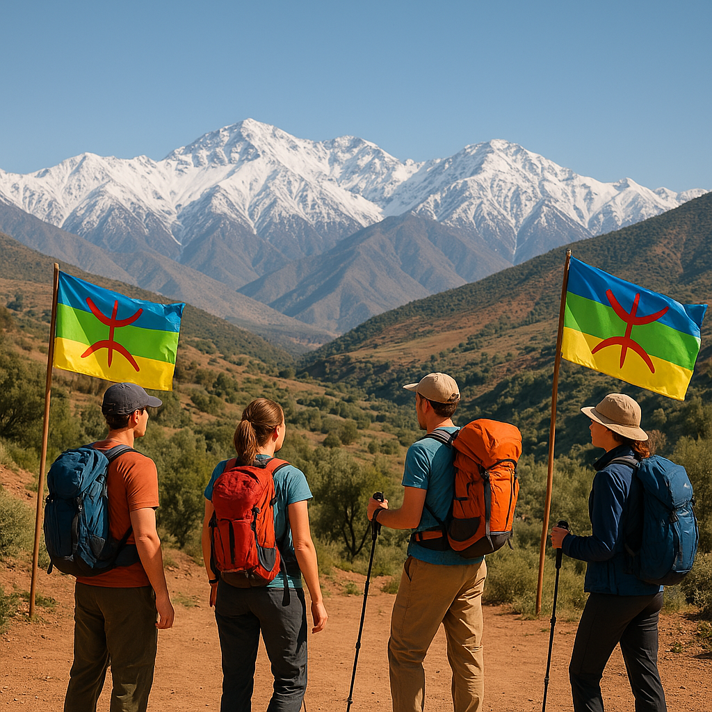 Randonneurs explorant le Haut Atlas près de Marrakech en février avec un ciel dégagé.