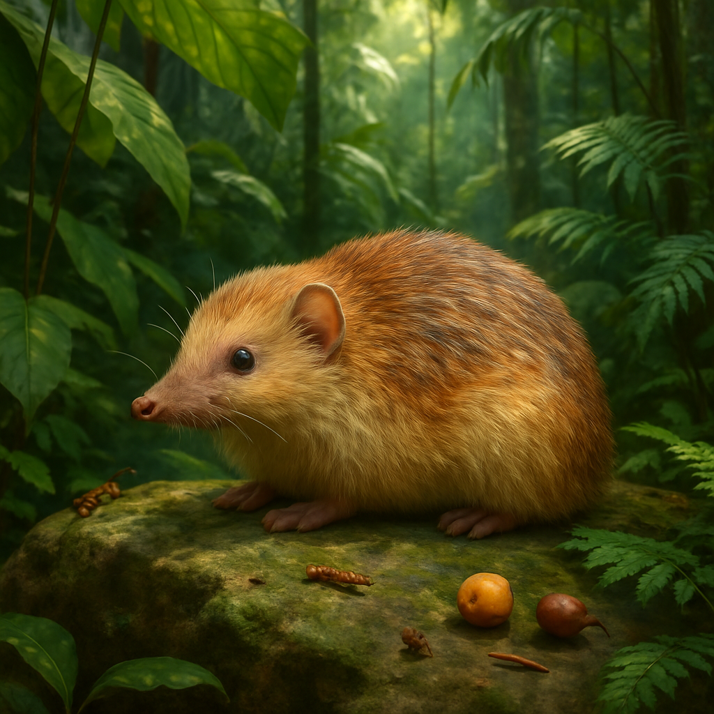 Un hérisson sans piquants se reposant sur un rocher dans une forêt tropicale d'Asie du Sud-Est, illustrant son pelage coloré et son environnement.