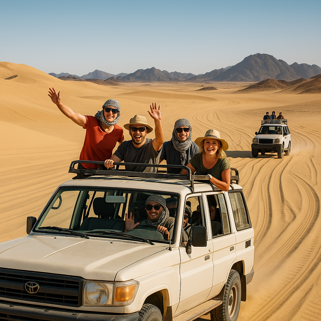 Groupe de personnes en excursion en 4x4 dans le désert égyptien avec des dunes de sable et un ciel ensoleillé.