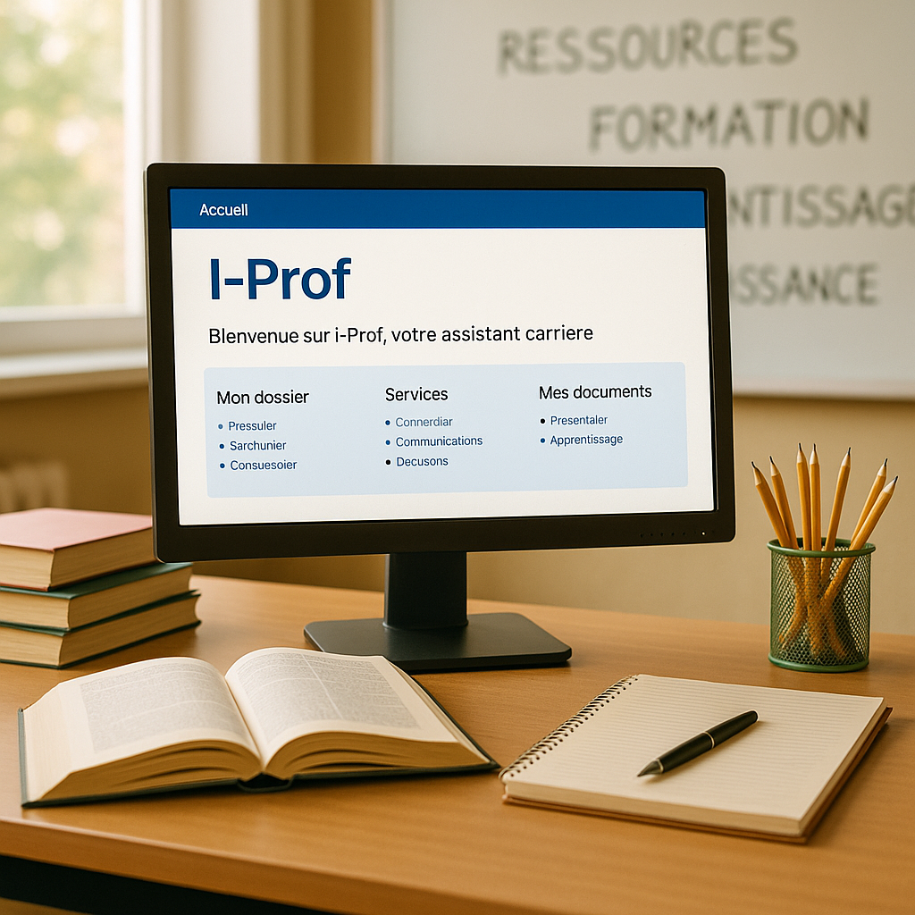 Écran d'ordinateur avec la page d'accueil de I-Prof, entouré de fournitures scolaires sur un bureau.