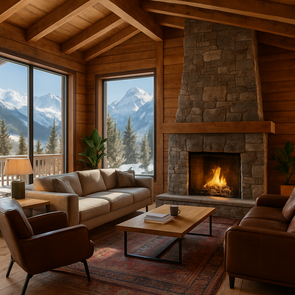 Intérieur d'un chalet de luxe avec salon confortable, cheminée en pierre et vue sur les montagnes enneigées.