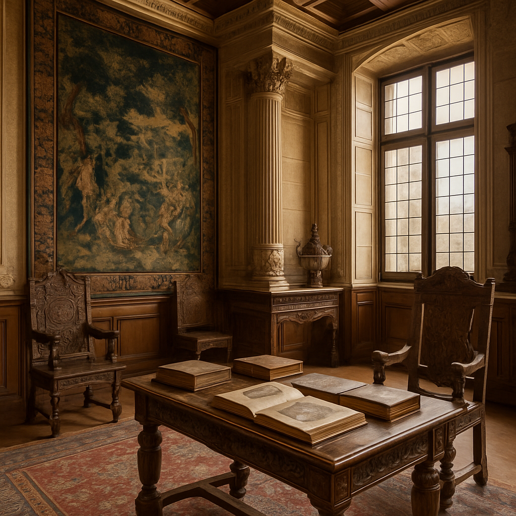 Intérieur du Château de Grignan avec tapisseries et meubles en bois sculpté, offrant une ambiance chaleureuse et historique.