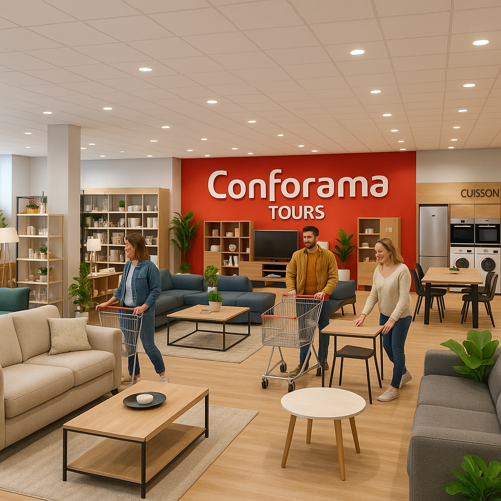 Intérieur du magasin Conforama à Tours, présentant des meubles et des clients en train de faire leurs achats.