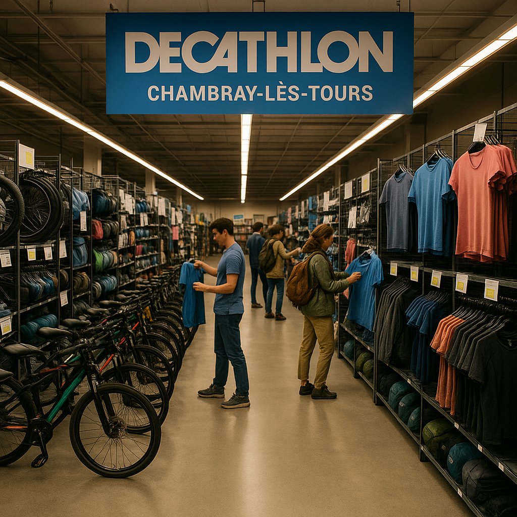 Intérieur du magasin Décathlon Chambray-lès-Tours avec des clients examinant des articles de sport sur les étagères.
