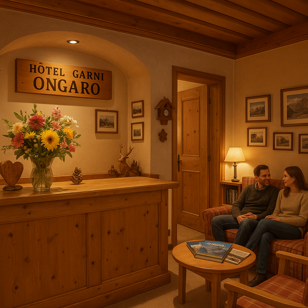 Intérieur accueillant de l'Hôtel Garni Ongaro avec une réception chaleureuse.