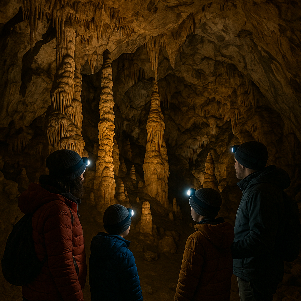 Scène intérieure de la Grotte de Lombrives montrant des stalactites et stalagmites avec une famille en exploration.