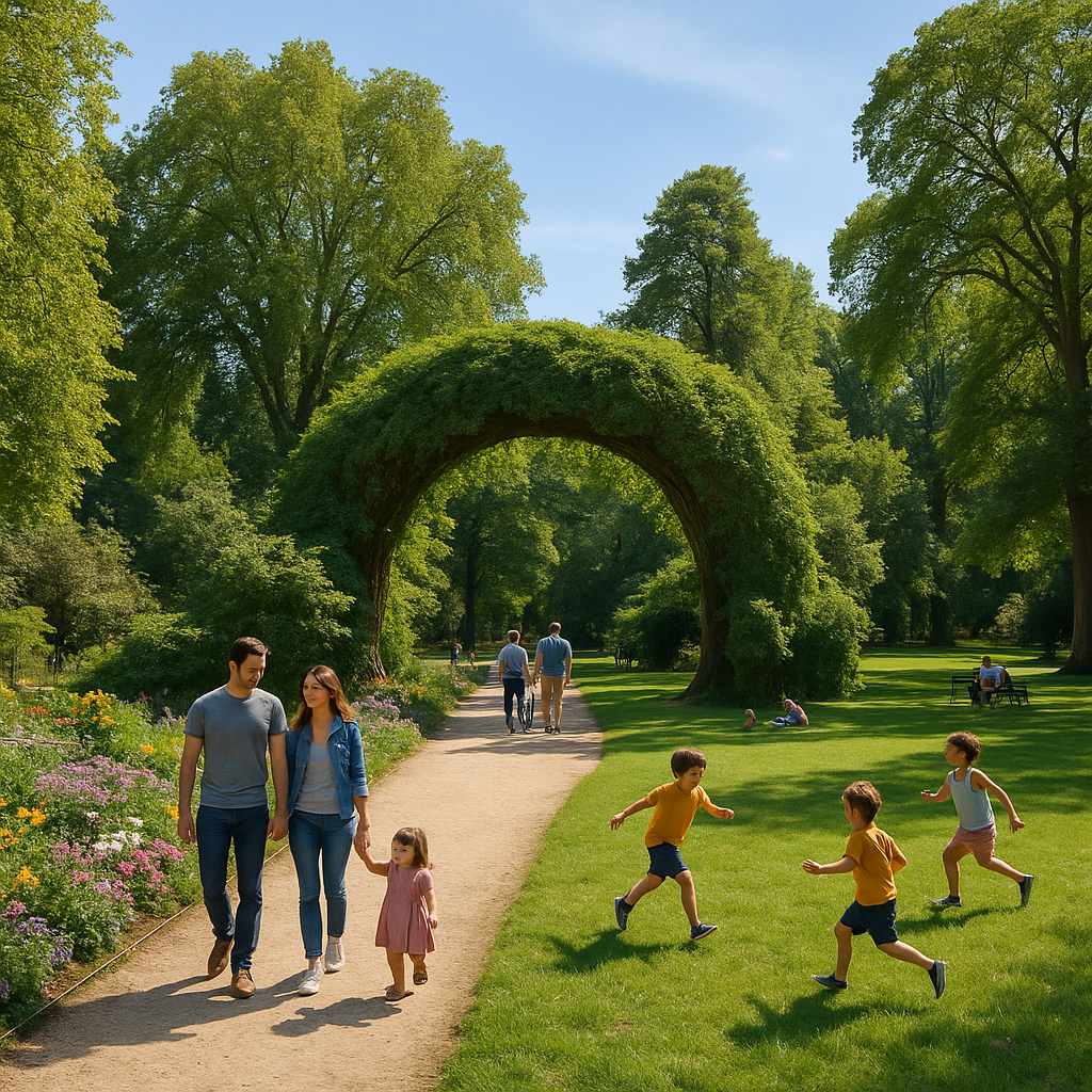 Vue du jardin des plantes à Busca, montrant un espace vert apaisant et des familles en promenade.