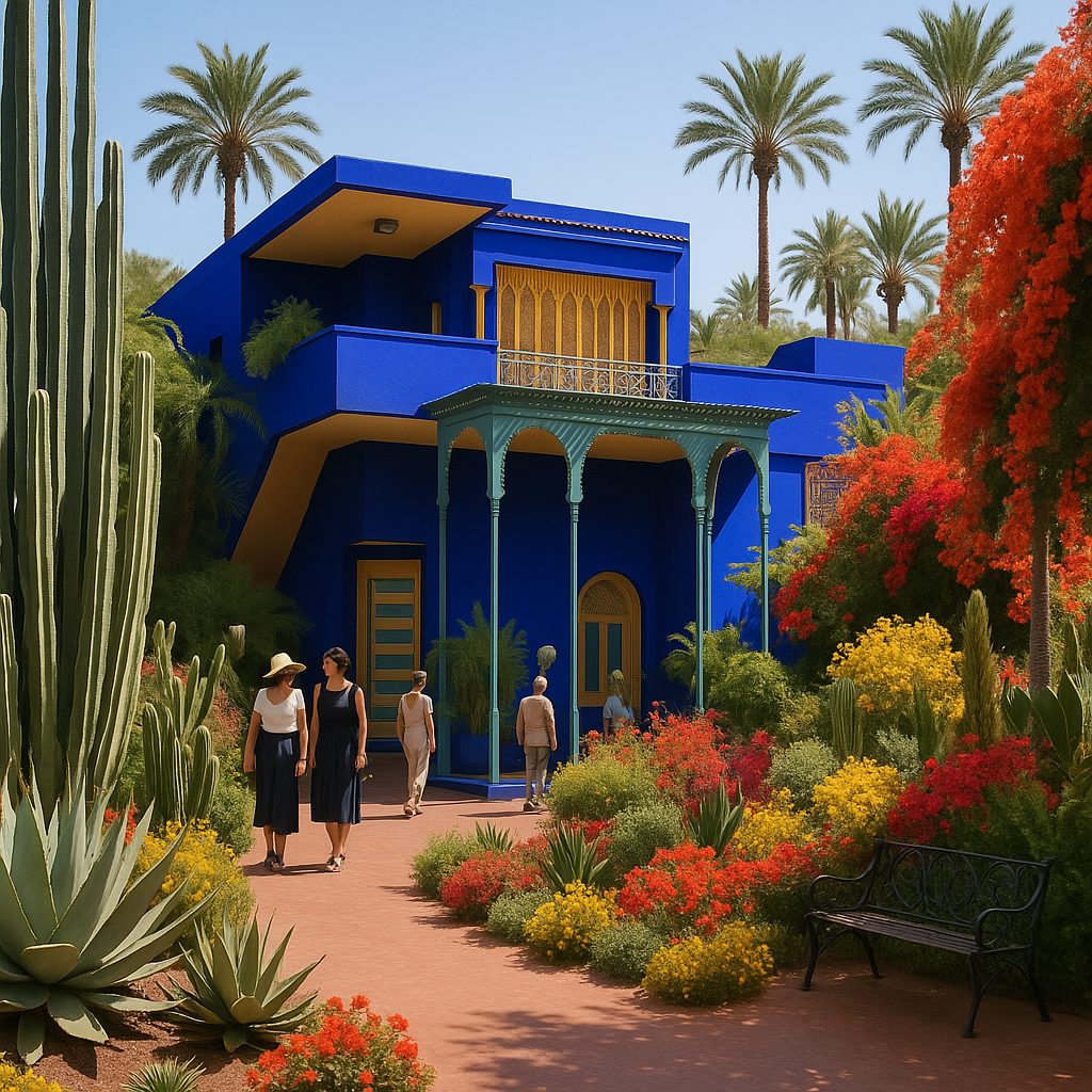 Jardin Majorelle à Marrakech avec des plantes exotiques, architecture marocaine et visiteurs se promenant dans une atmosphère paisible.
