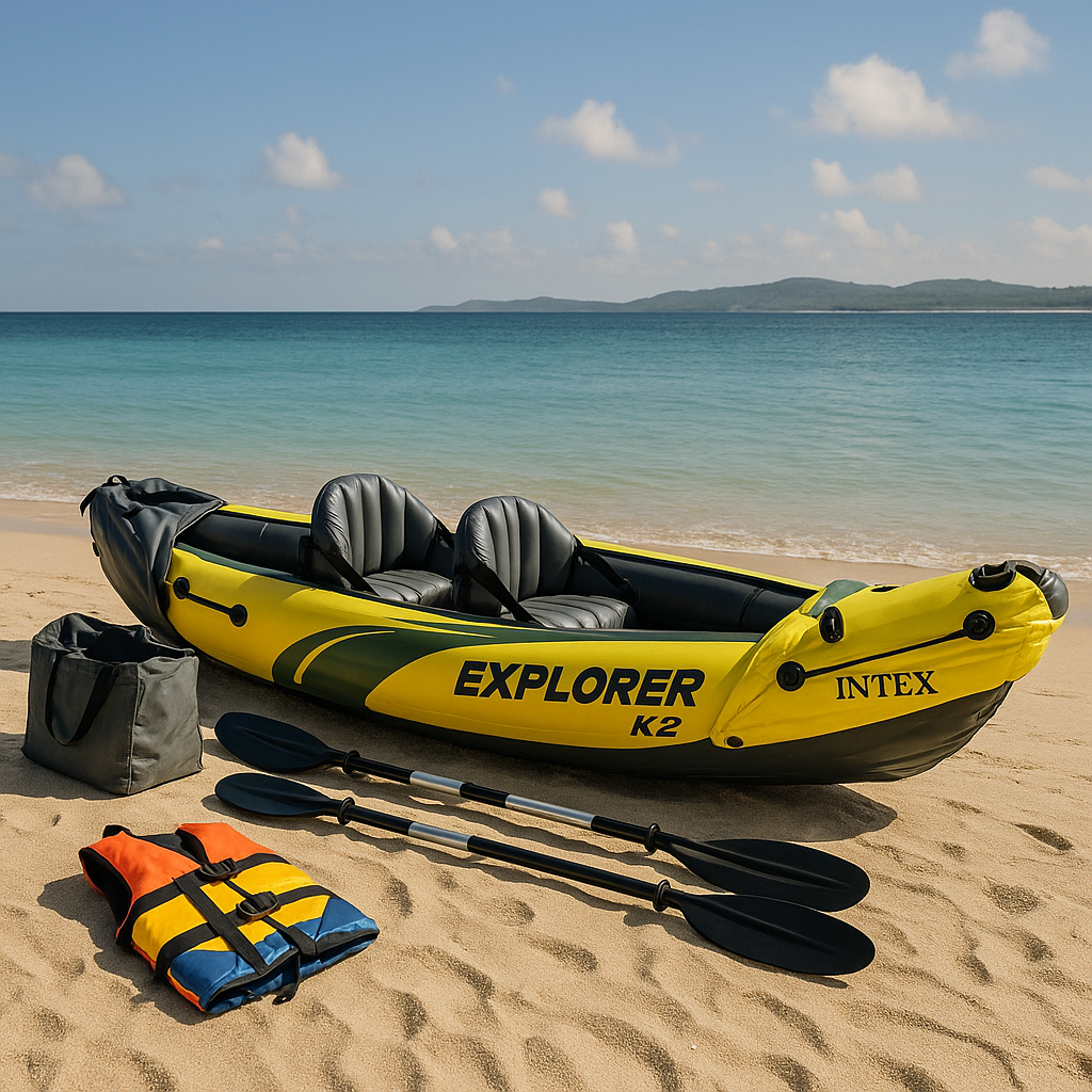 Un kayak gonflable Intex Explorer K2 sur une plage avec des pagaies et un gilet de sauvetage.