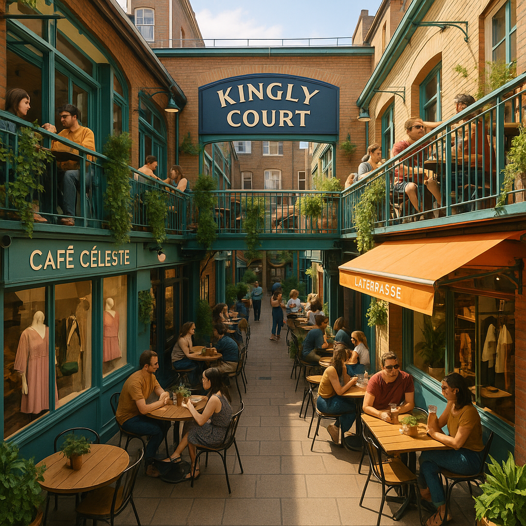 Image de Kingly Court à Soho avec des terrasses, boutiques et clients profitant de l'atmosphère.