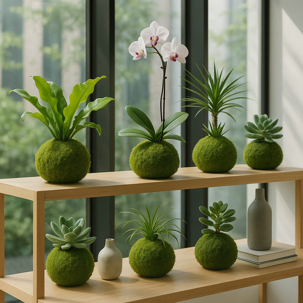 Étagère avec plusieurs kokedamas et plantes dans un jardin intérieur moderne.