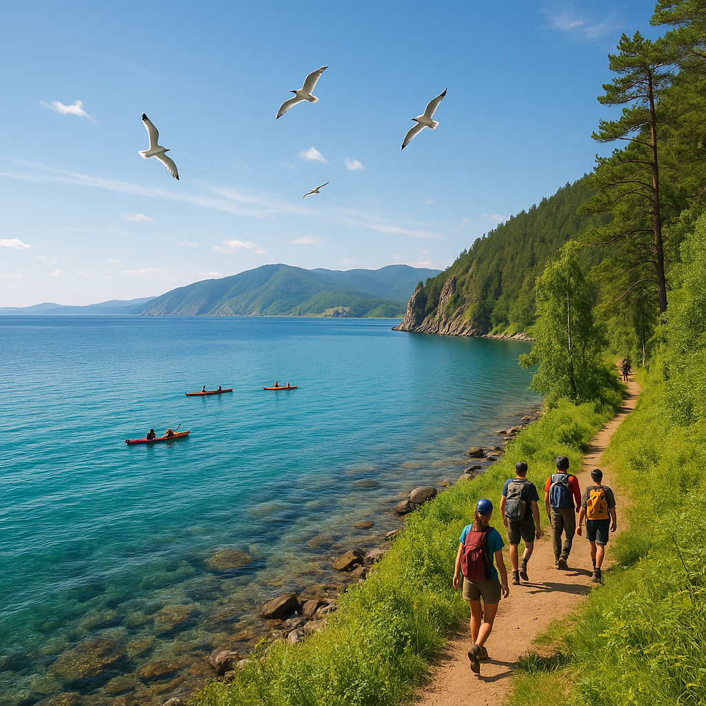 Randonneurs et kayaks au bord du lac Baïkal en été avec des montagnes verdoyantes en arrière-plan.