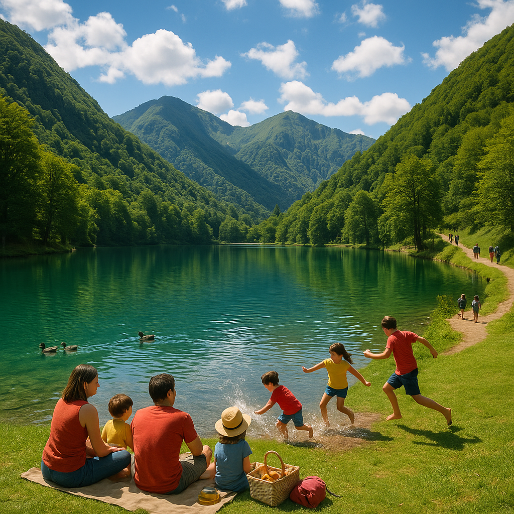 Lac de Bethmale dans le Parc Naturel Régional des Pyrénées Ariégeoises, avec des familles en pique-nique et des randonneurs en arrière-plan.