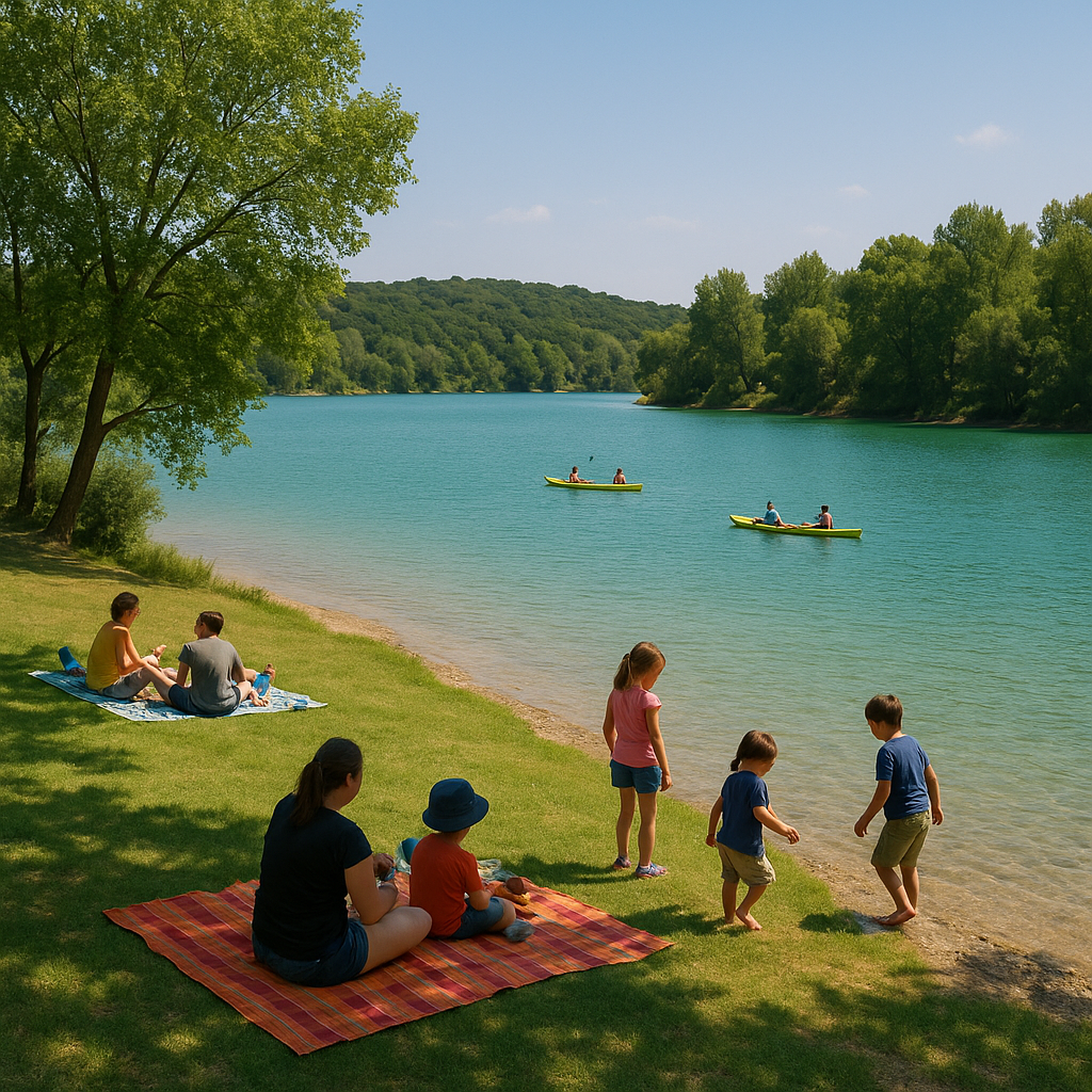 Scène tranquille d'un lac près de Nîmes avec des familles se relaxant et pratiquant des activités nautiques.