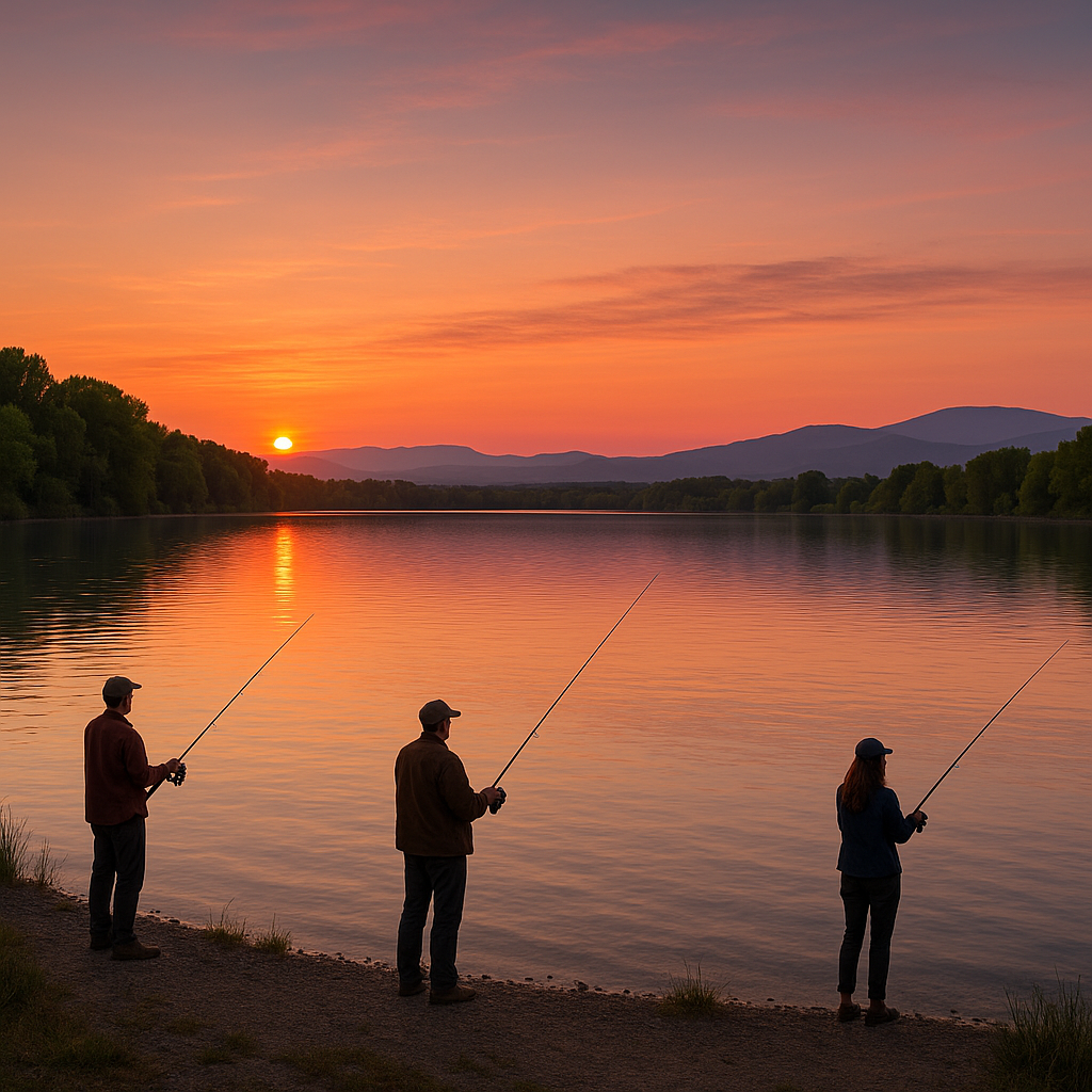 Pêcheurs sur les rives du Lac de Jouarres au crépuscule.