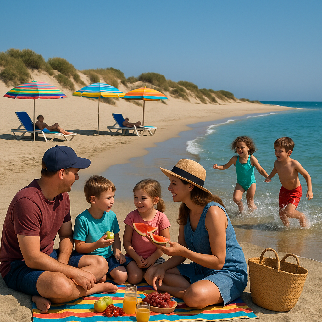 Scène familiale à la Plage de la Lagune à Saint-Cyprien, avec pique-nique et jeux d'enfants."