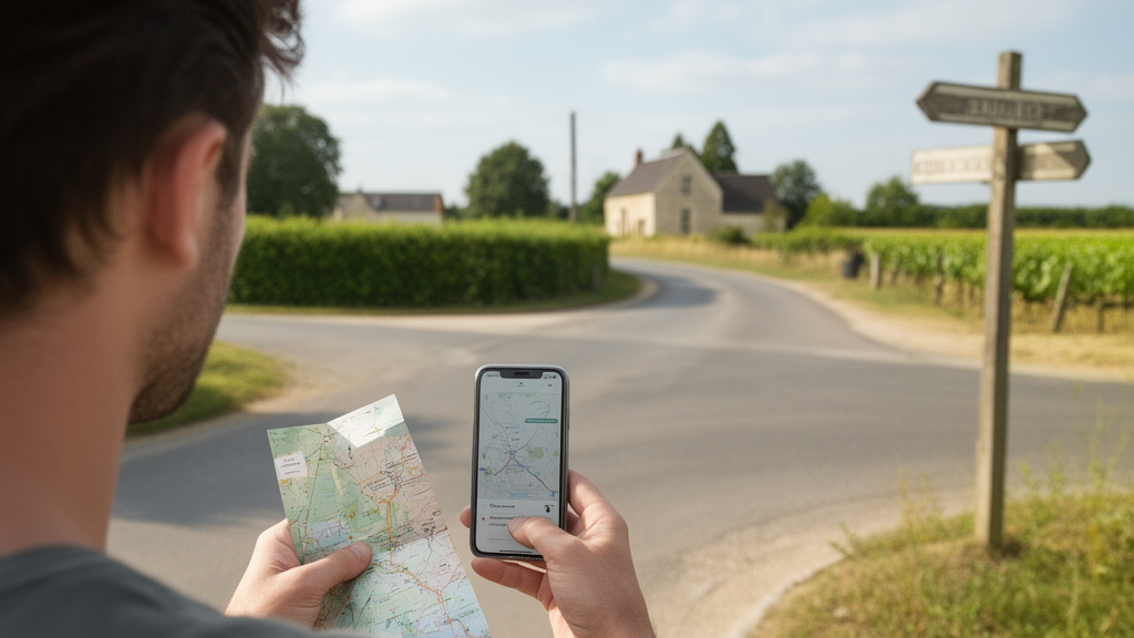 Voyageur consultant une carte à un carrefour rural pour localiser un lieu-dit en Touraine