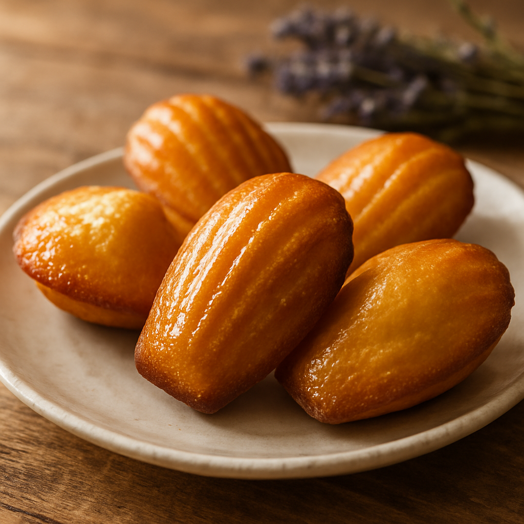 Gros plan sur des madeleines fraîches posées sur une assiette, avec un bouquet de lavande en arrière-plan.