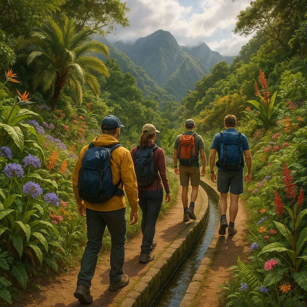 Scène de randonnée à Madère en janvier avec randonneurs sur levadas, nature luxuriante et montagnes en arrière-plan.