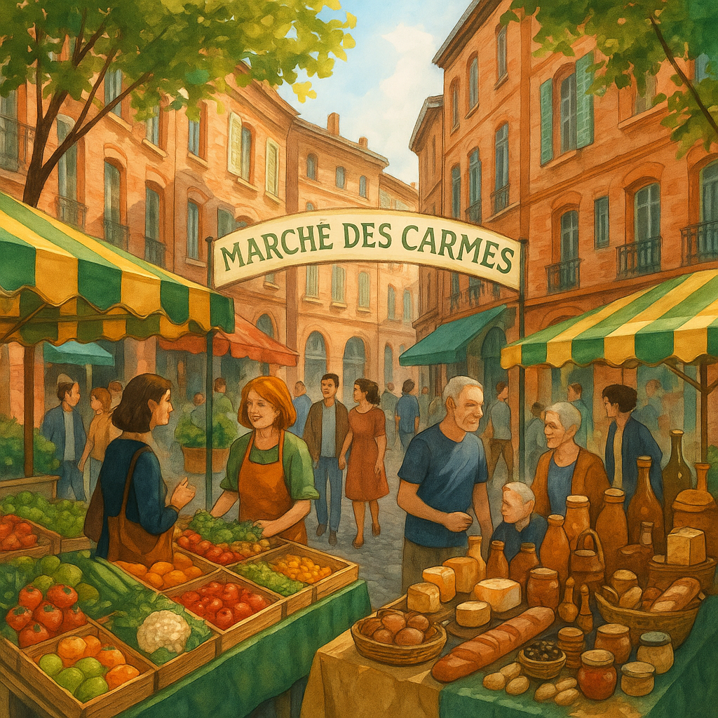 Scène animée du marché des Carmes à Toulouse mettant en avant la richesse des produits locaux et l'ambiance conviviale.