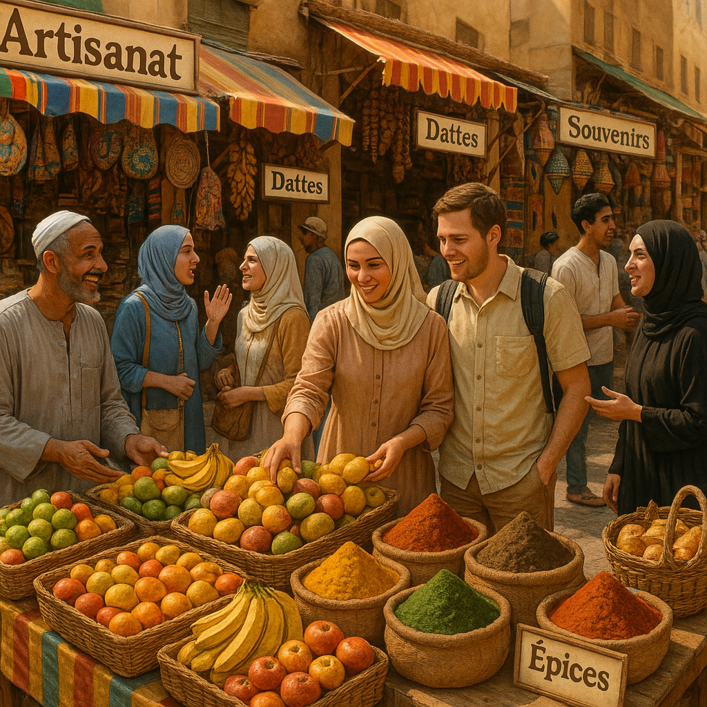 Scène de marché animé en Égypte avec des touristes et des habitants interagissant.