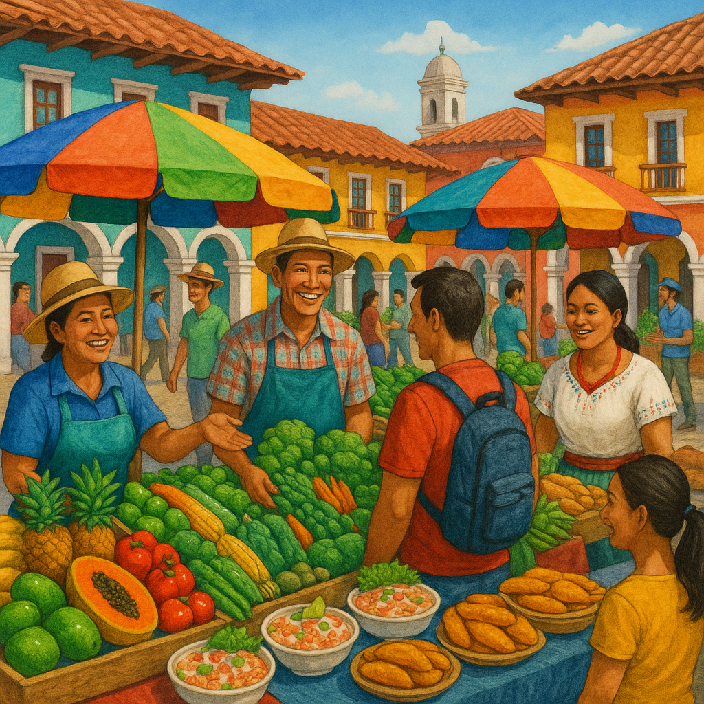 Scène d'un marché local en Équateur avec étals de fruits, légumes et plats typiques, ambiance animée.