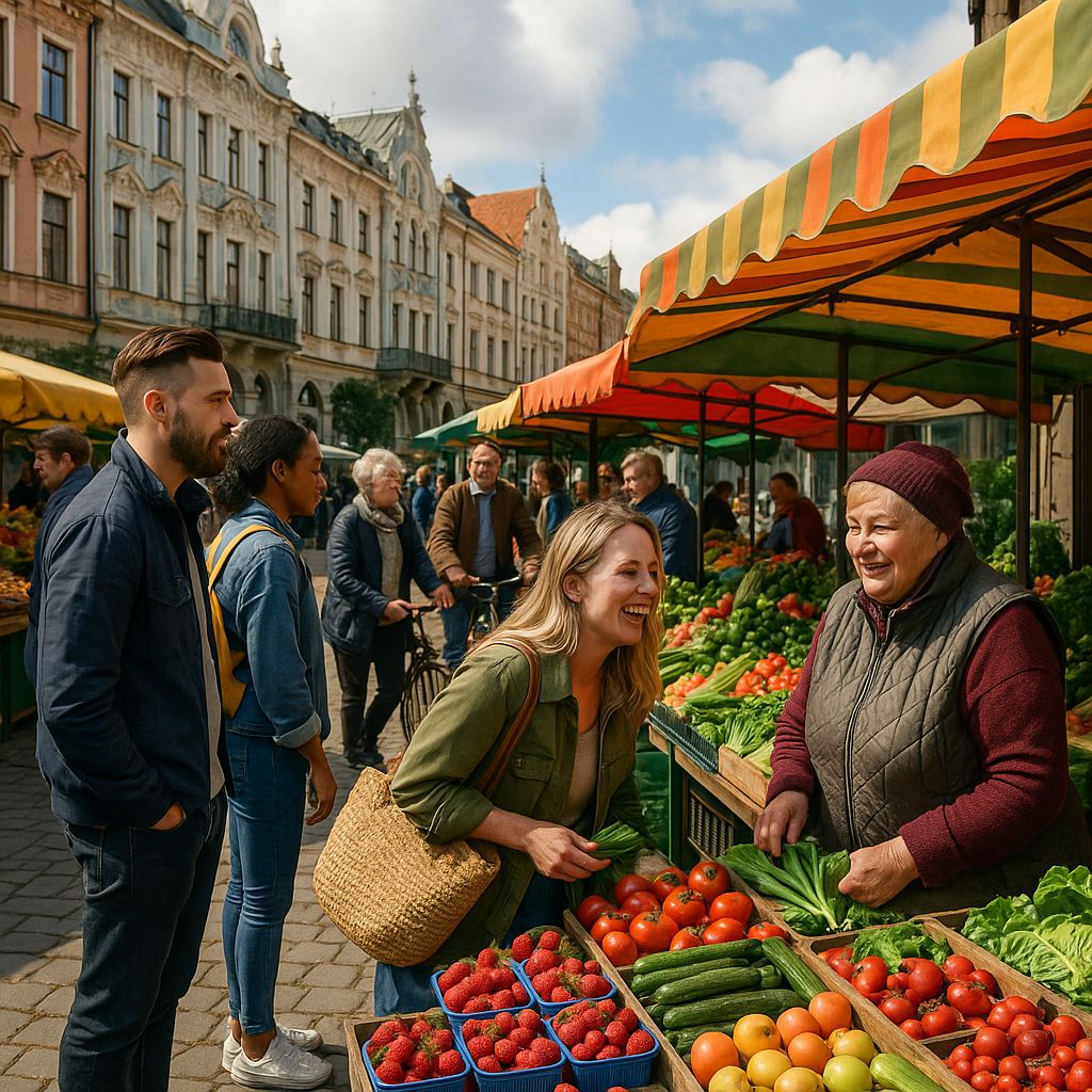 Marché local animé dans les pays baltes avec stands de produits frais et arrière-plan architectural.