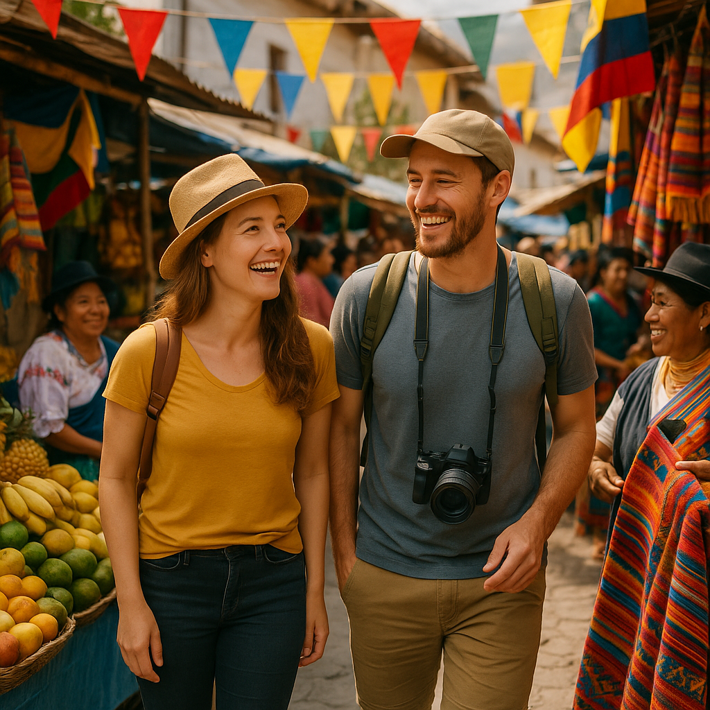 Scène de voyageurs dans un marché local équatorien avec des étals colorés.
