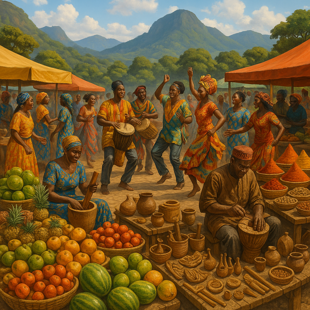 Marché animé en Guinée avec des étals colorés et des danses traditionnelles.