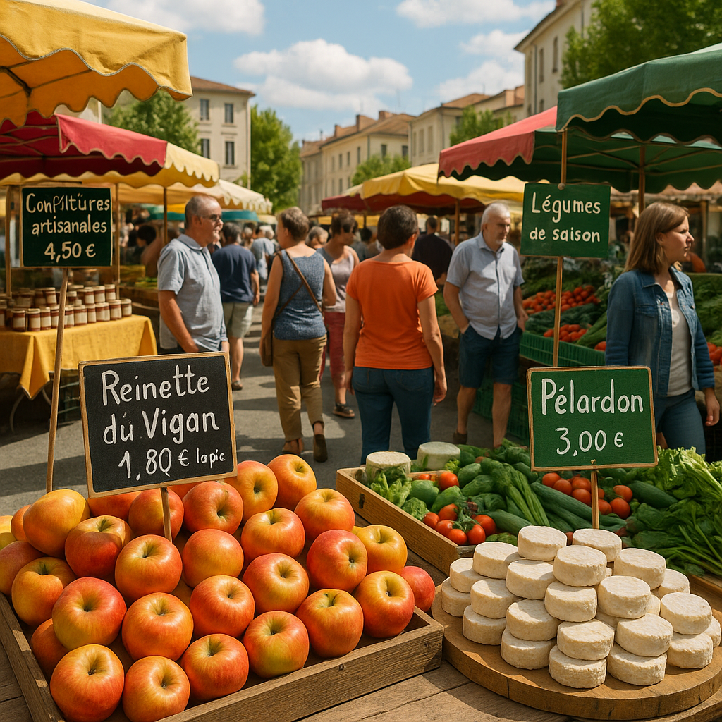 Scène colorée du marché local à Le Vigan, avec des produits frais et locaux comme les pommes Reinette et le fromage Pélardon.