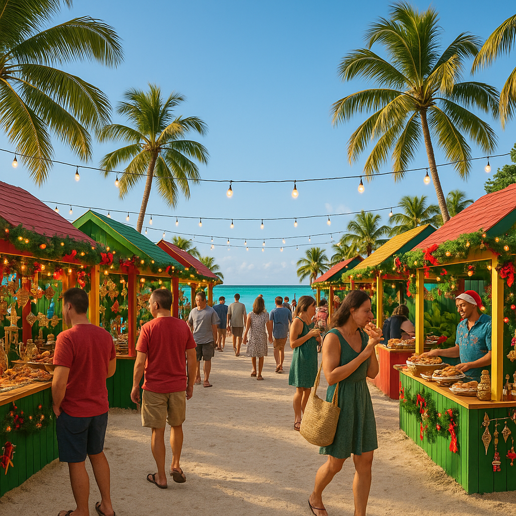 Marché de Noël en plein air sur une île tropicale avec des stands colorés, des lumières et des palmiers.