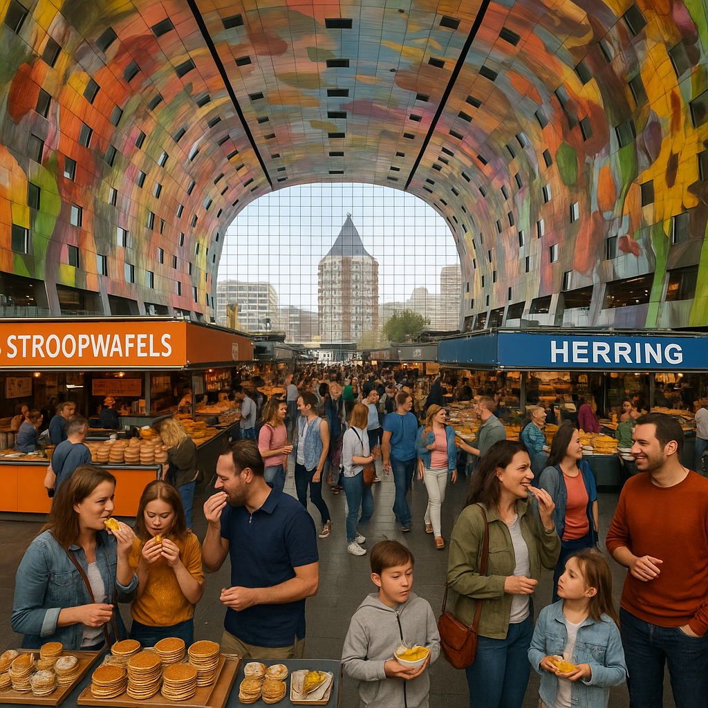 Scène animée du Markthal à Rotterdam avec des représentants de la gastronomie locale.