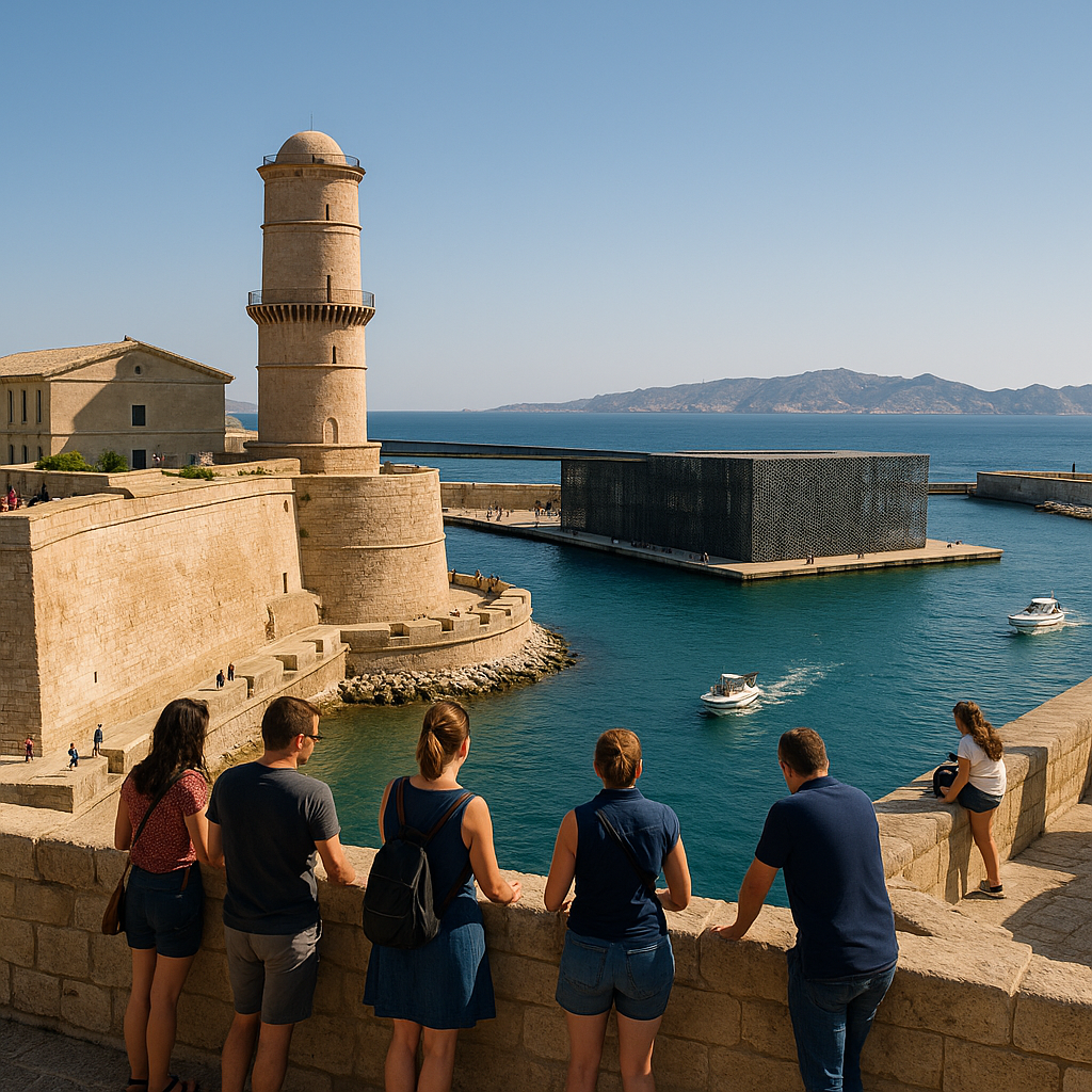 Vue du Fort Saint-Jean avec des visiteurs sur les remparts et le port de Marseille en arrière-plan.