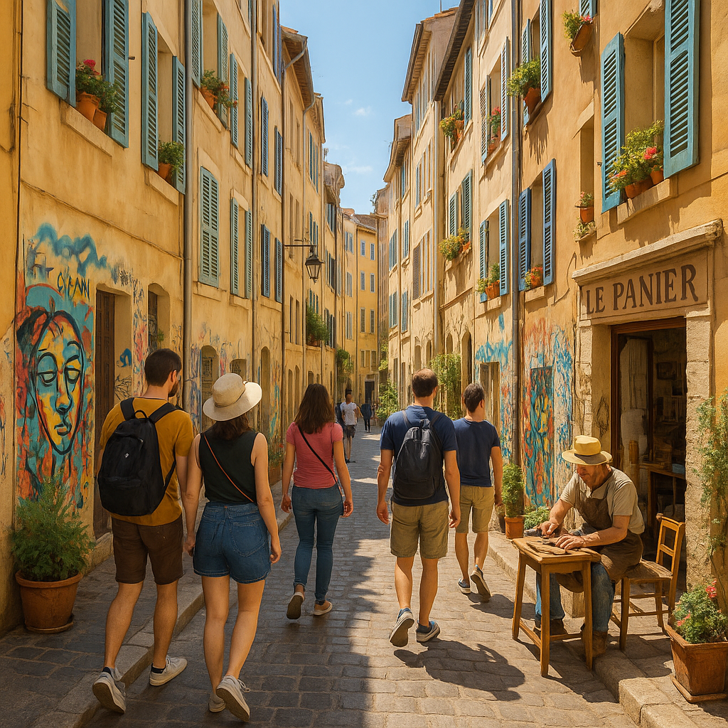 Scène animée du quartier du Panier à Marseille avec des ruelles pittoresques et des touristes.