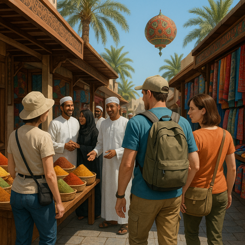 Scène d'un marché à Mascate illustrant la sécurité et l'interaction entre touristes et habitants.