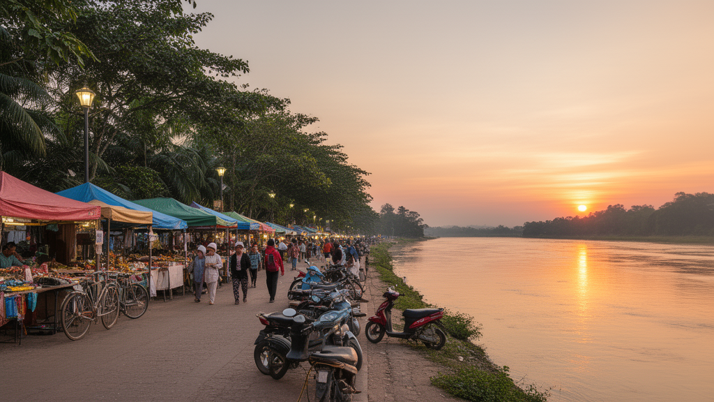 Promenade au coucher du soleil sur les rives du Mékong à Viangchan avec marché de nuit et ambiance locale paisible.