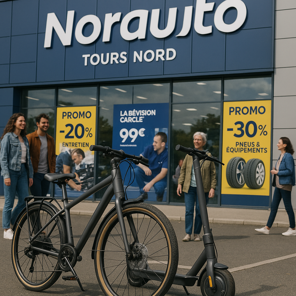 Scène de mobilité durable avec un vélo et une trottinette électrique devant Norauto Tours Nord.