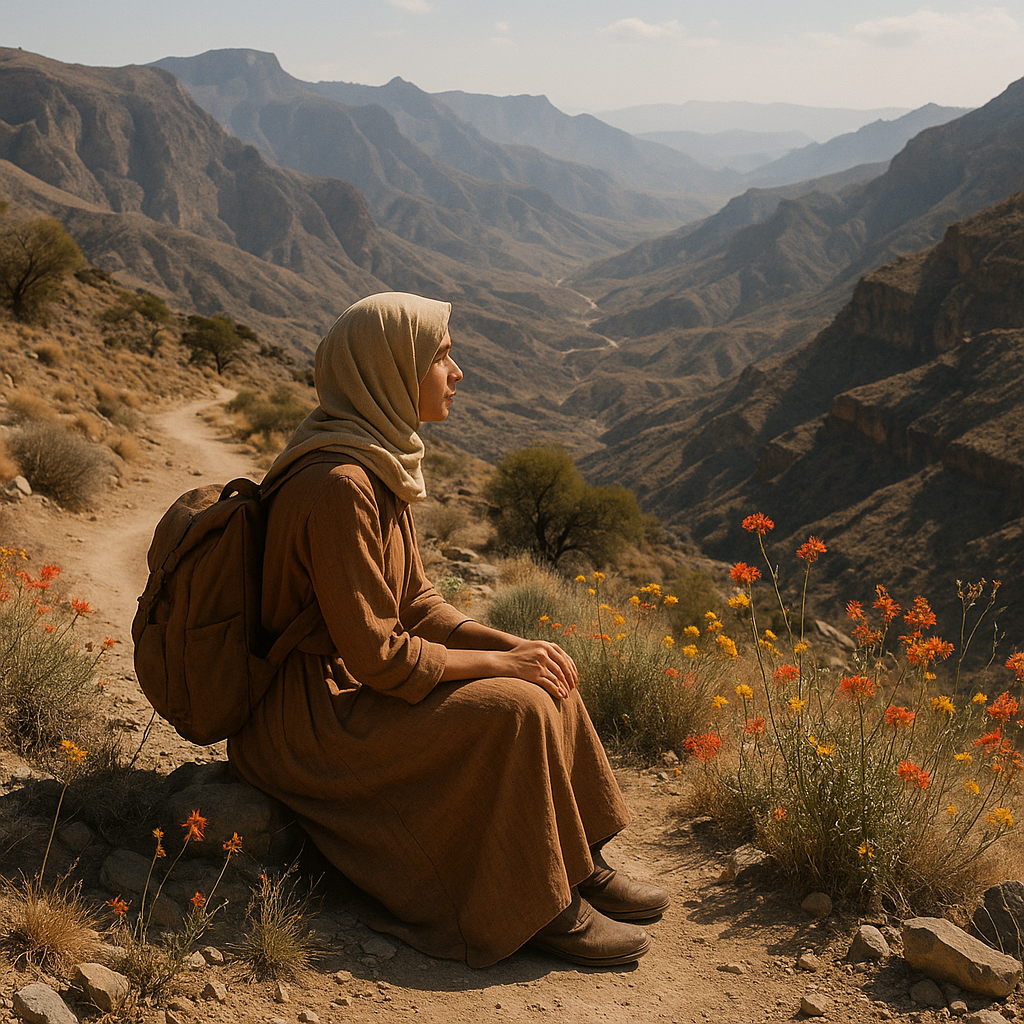 Une femme en tenue appropriée assise sur un sentier de montagne à Oman, admirant le paysage environnant.