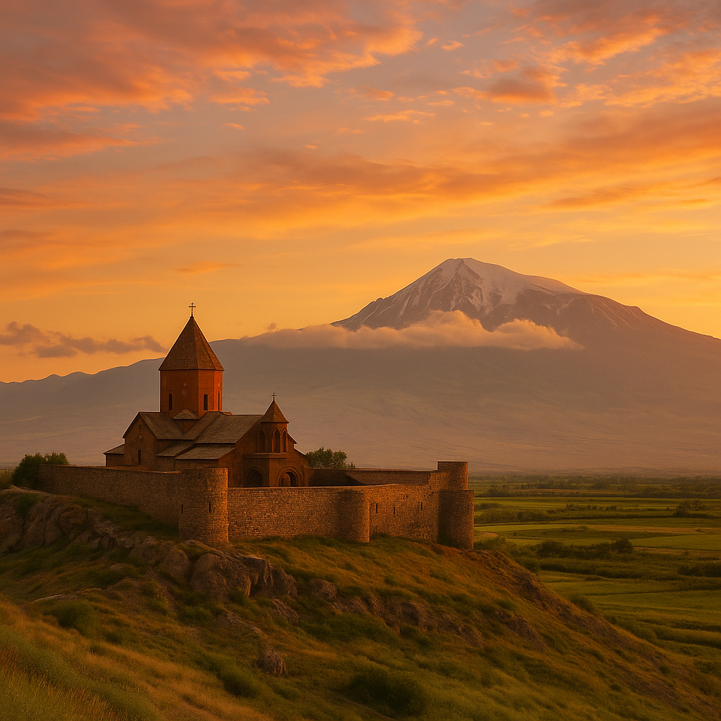 Vue du monastère de Khor Virap au coucher du soleil avec le mont Ararat en arrière-plan.