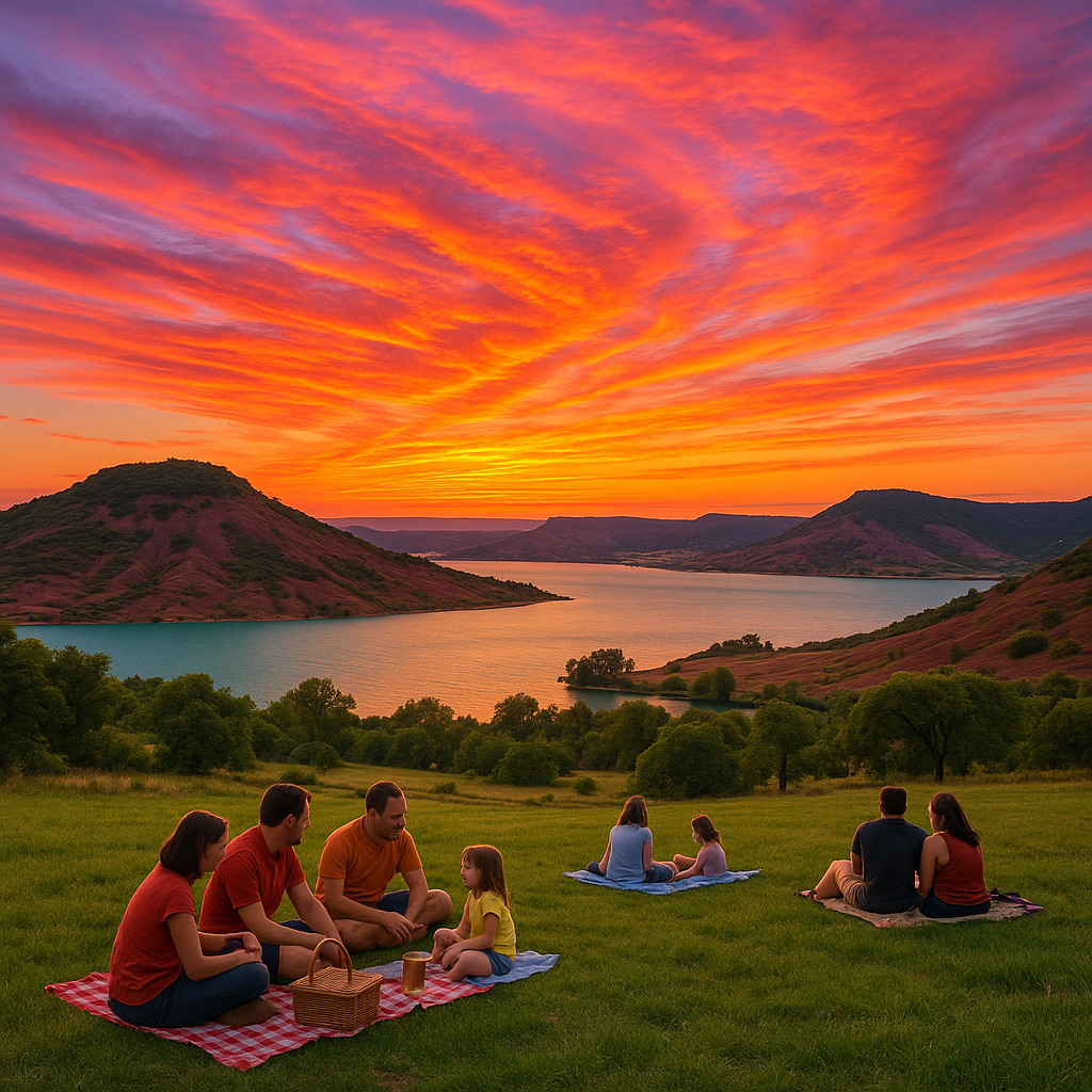 Coucher de soleil au Mont Redon avec des familles en pique-nique et le lac du Salagou en fond.