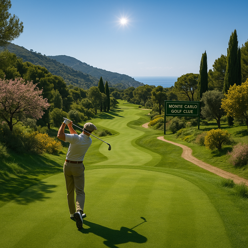 Golfeur sur le fairway du Monte-Carlo Golf Club avec des paysages verdoyants et le ciel bleu.