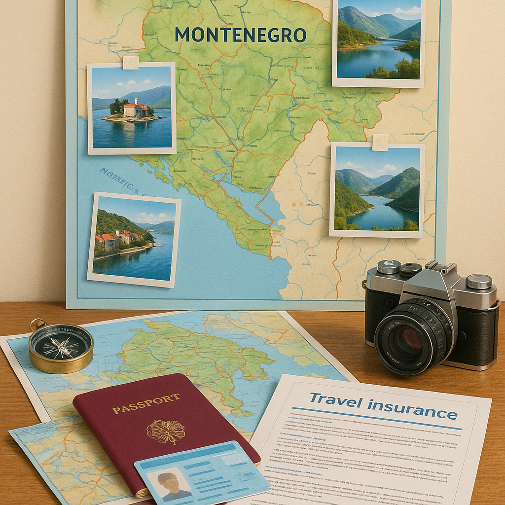 Documents de voyage pour le Monténégro sur une table, incluant un passeport et une carte d'identité.