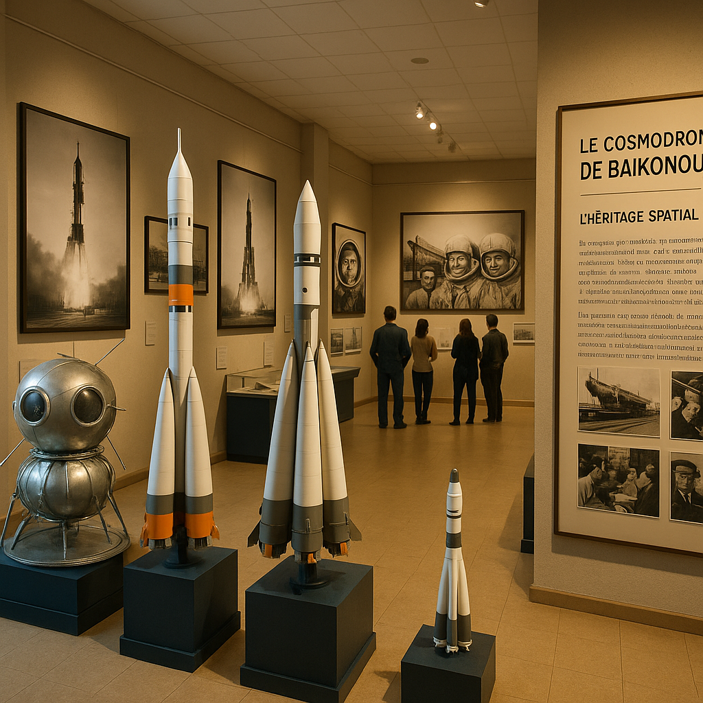Intérieur du musée du cosmodrome de Baykonur avec des expositions sur l'exploration spatiale.