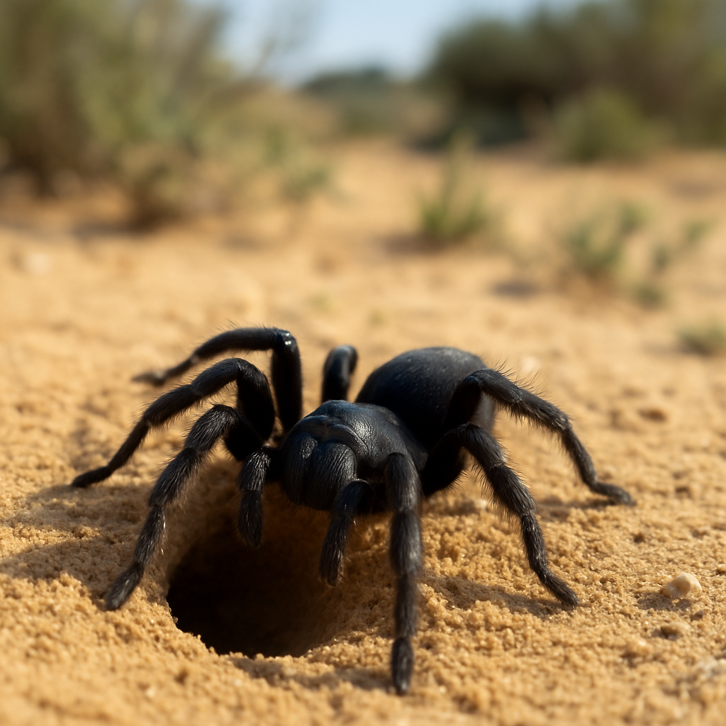 Gros plan d'une mygale commune dans son terrier sur un sol sablonneux en France.