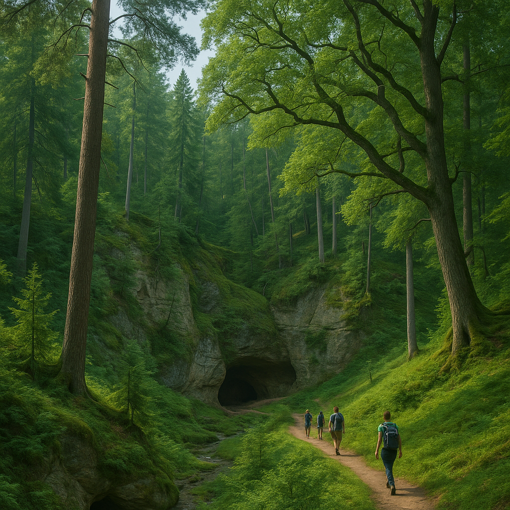 Scène de nature dans le parc national de Gauja en Lettonie montrant des paysages verdoyants et des randonneurs.