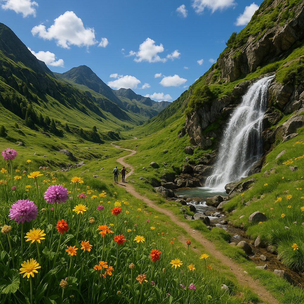 Vue d'un paysage montagneux des Hautes-Pyrénées avec une cascade, des fleurs et des randonneurs sur un sentier.